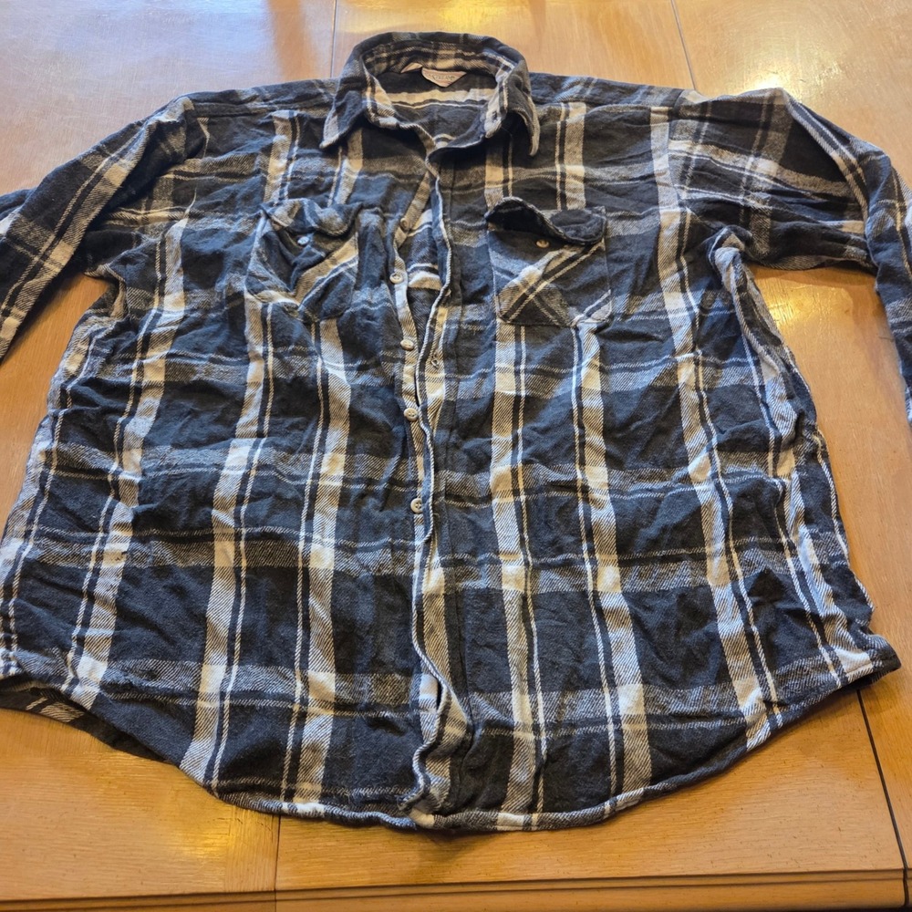 Field & Stream Mens Black White Plaid Flannel Button Down Shirt Long Sleeve L